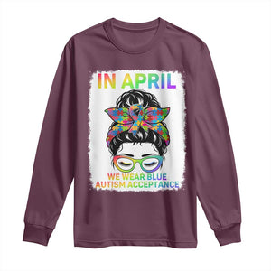 Autism Acceptance Long Sleeve Shirt Neurodivergent Support Messy Bun Ribbon Puzzle TS14 Maroon Print Your Wear