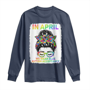 Autism Acceptance Long Sleeve Shirt Neurodivergent Support Messy Bun Ribbon Puzzle TS14 Navy Print Your Wear