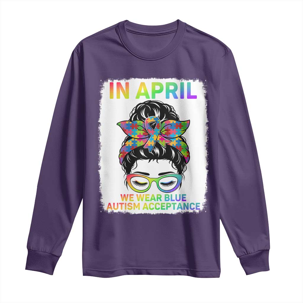 Autism Acceptance Long Sleeve Shirt Neurodivergent Support Messy Bun Ribbon Puzzle TS14 Purple Print Your Wear