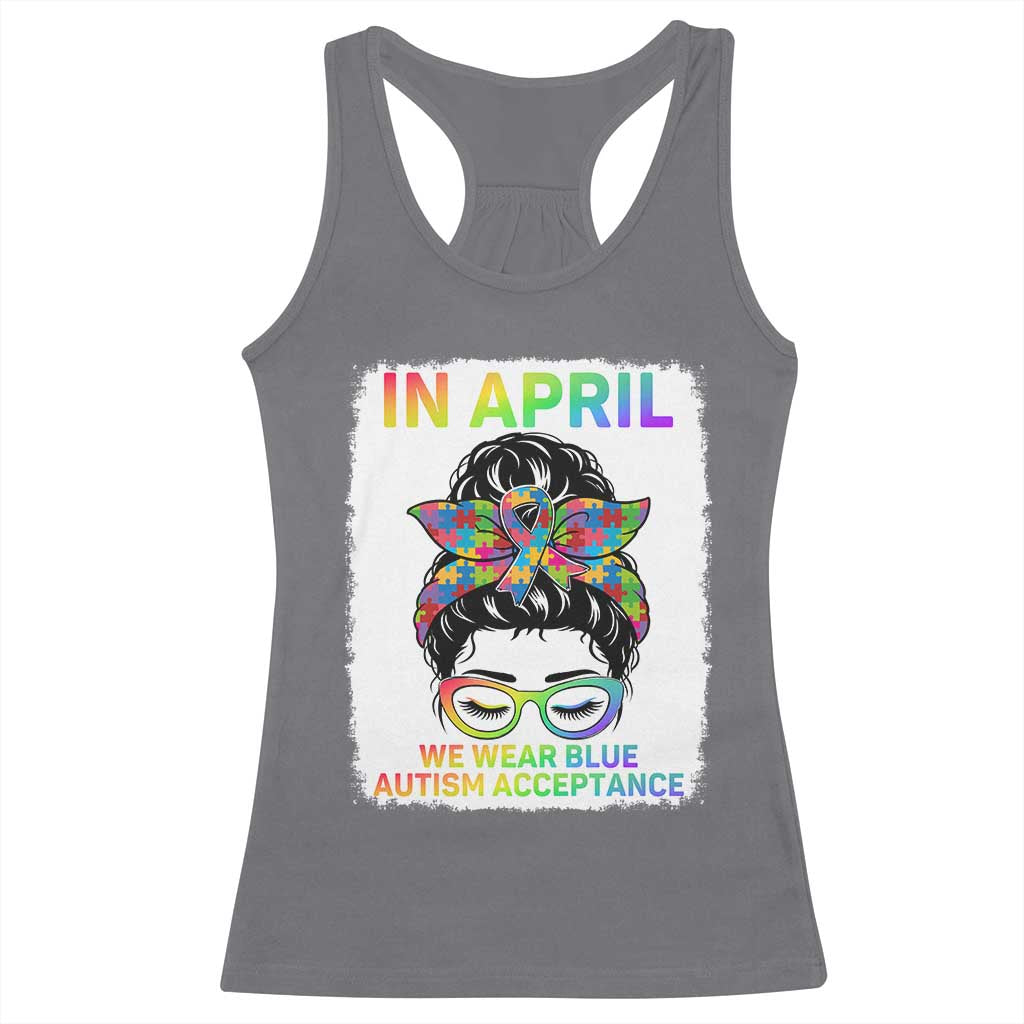 Autism Acceptance Racerback Tank Top Neurodivergent Support Messy Bun Ribbon Puzzle TS14 Charcoal Print Your Wear