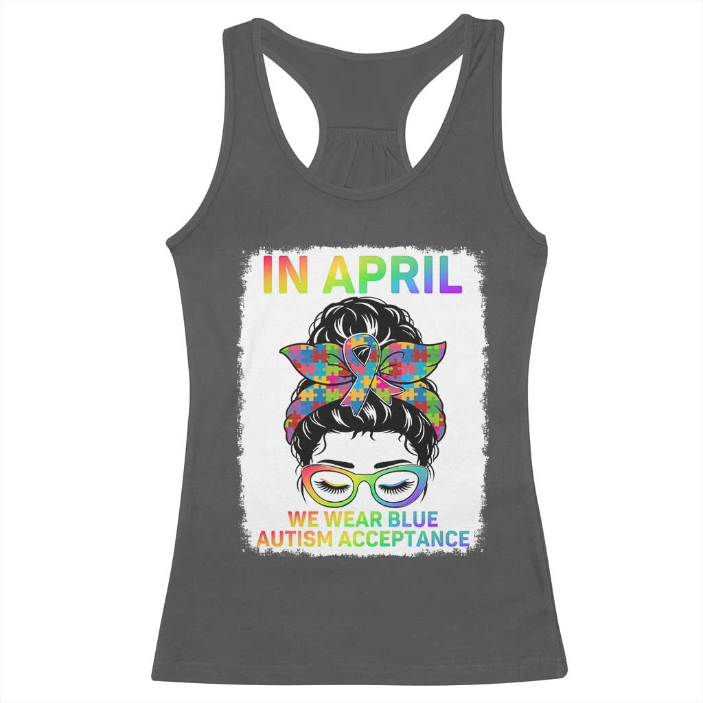 Autism Acceptance Racerback Tank Top Neurodivergent Support Messy Bun Ribbon Puzzle TS14 Dark Heather Print Your Wear