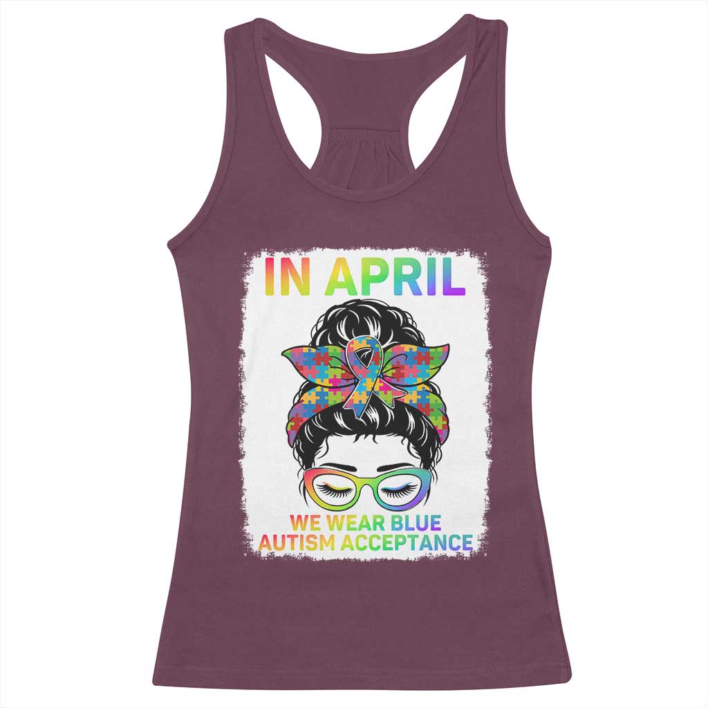 Autism Acceptance Racerback Tank Top Neurodivergent Support Messy Bun Ribbon Puzzle TS14 Maroon Print Your Wear