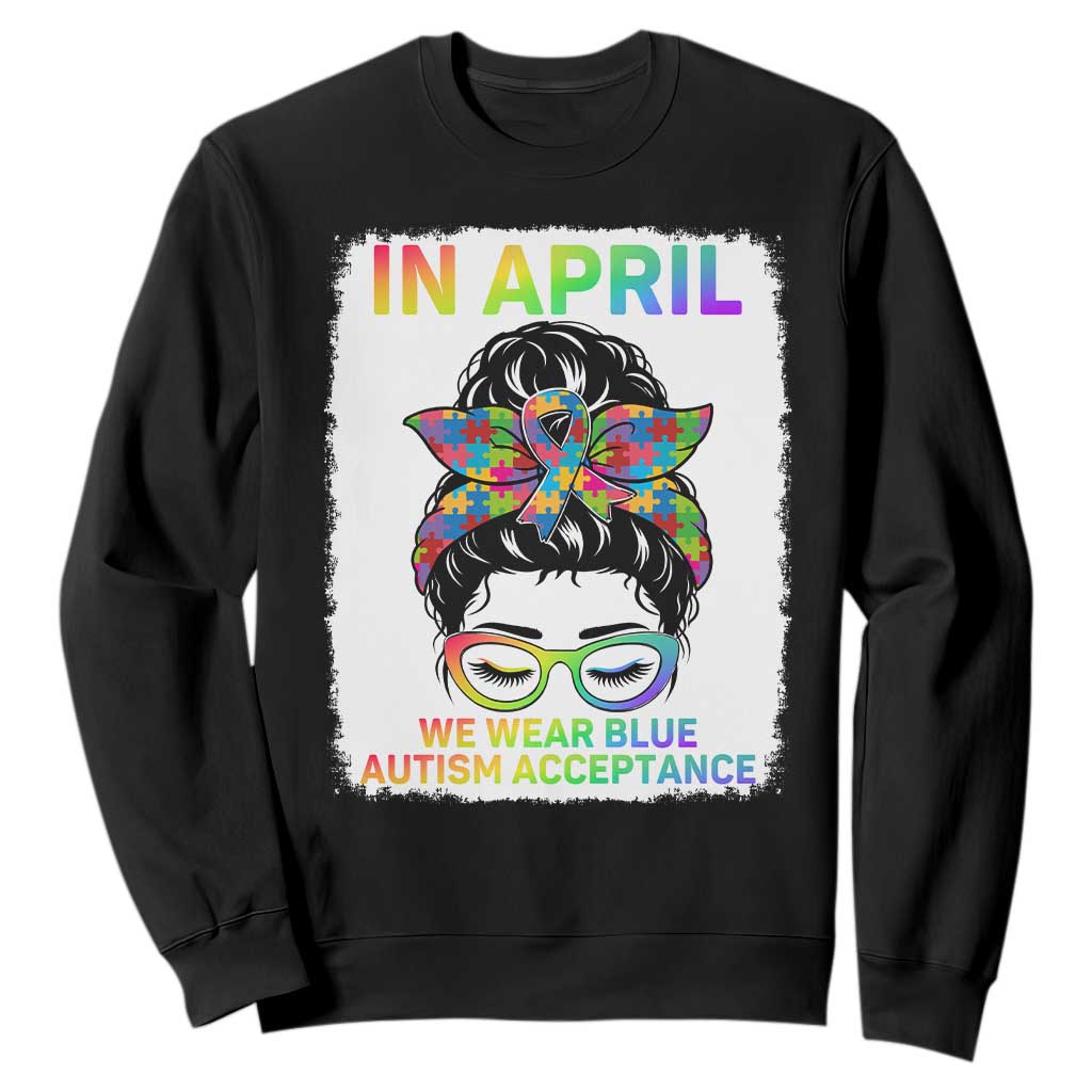 Autism Acceptance Sweatshirt Neurodivergent Support Messy Bun Ribbon Puzzle TS14 Black Print Your Wear