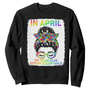 Autism Acceptance Sweatshirt Neurodivergent Support Messy Bun Ribbon Puzzle TS14 Black Print Your Wear