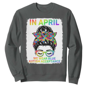 Autism Acceptance Sweatshirt Neurodivergent Support Messy Bun Ribbon Puzzle TS14 Dark Heather Print Your Wear