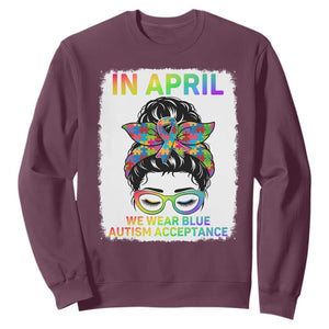 Autism Acceptance Sweatshirt Neurodivergent Support Messy Bun Ribbon Puzzle TS14 Maroon Print Your Wear