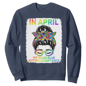 Autism Acceptance Sweatshirt Neurodivergent Support Messy Bun Ribbon Puzzle TS14 Navy Print Your Wear