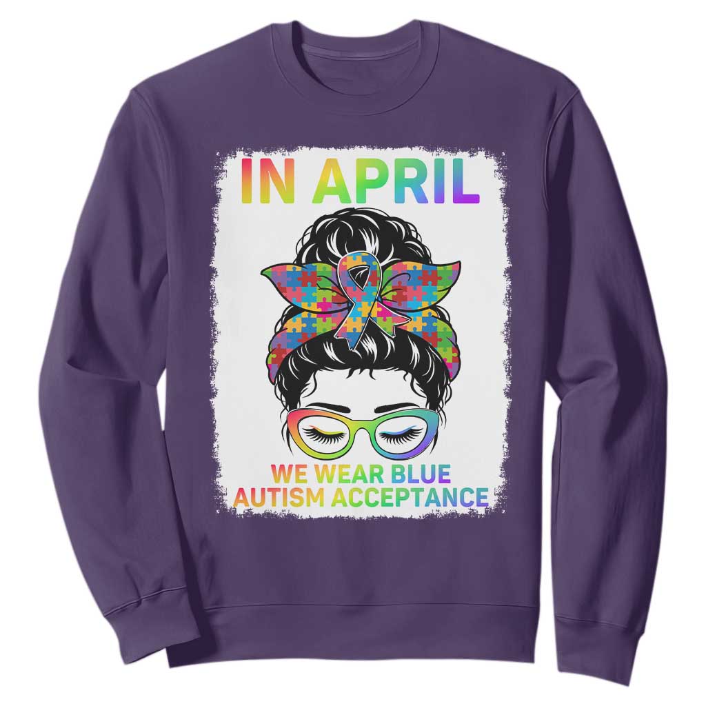 Autism Acceptance Sweatshirt Neurodivergent Support Messy Bun Ribbon Puzzle TS14 Purple Print Your Wear