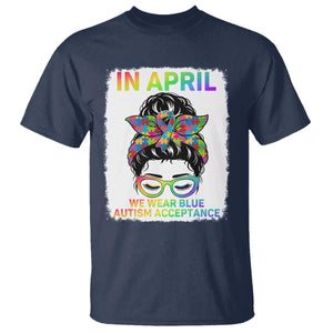 Autism Acceptance T Shirt Neurodivergent Support Messy Bun Ribbon Puzzle TS14 Navy Print Your Wear