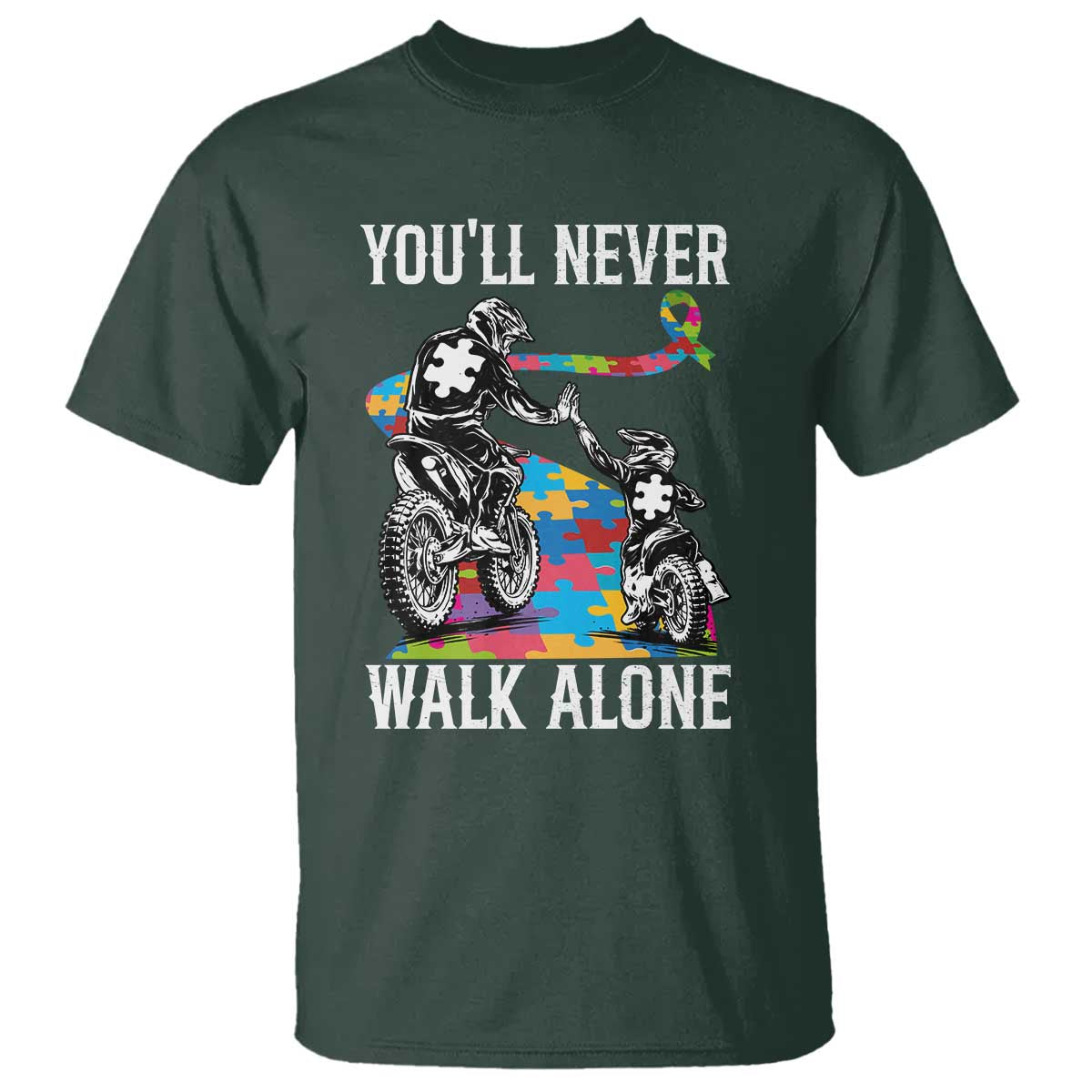 Autism Acceptance T Shirt Autism Dad Motocross Rider Father Son Support TS14 Dark Forest Green Print Your Wear