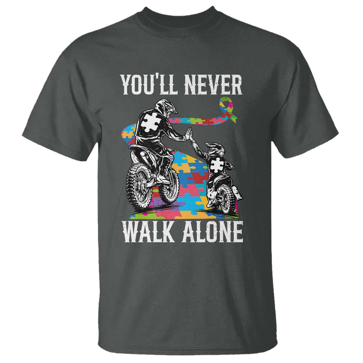 Autism Acceptance T Shirt Autism Dad Motocross Rider Father Son Support TS14 Dark Heather Print Your Wear