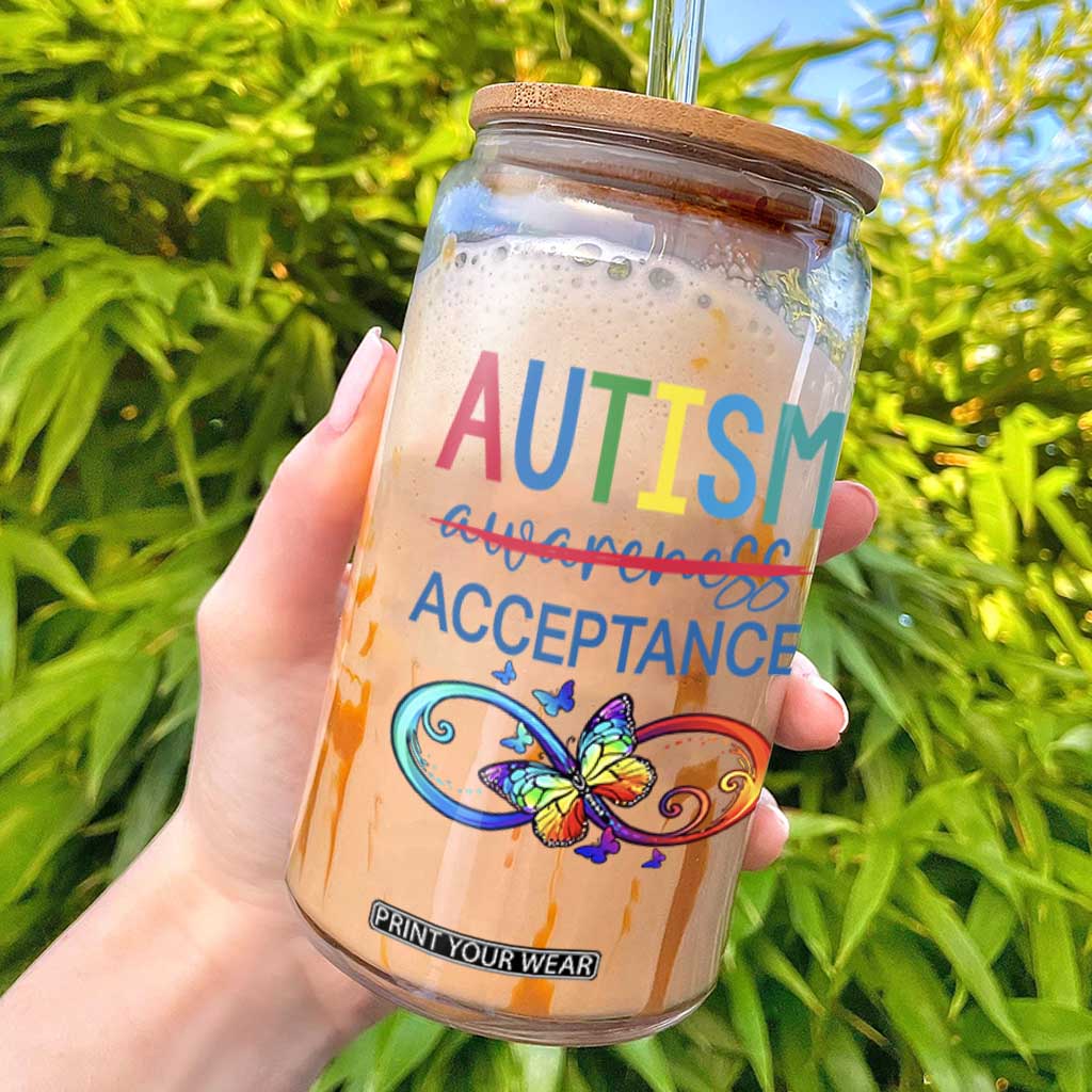 Autism Acceptance Glass Can Neurodivergent Support Infinity Butterfly Symbol TS14 Black Print Your Wear