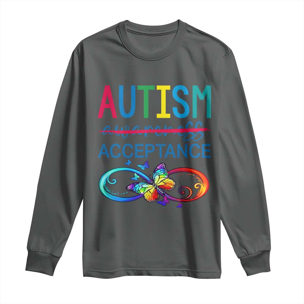 Autism Acceptance Long Sleeve Shirt - Neurodivergent Support Infinity Butterfly Symbol TS14 Dark Heather Print Your Wear