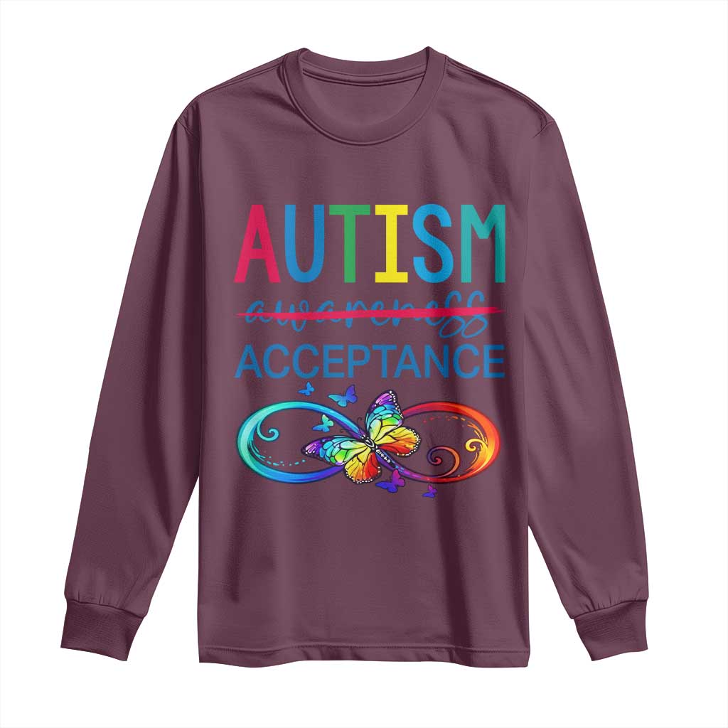 Autism Acceptance Long Sleeve Shirt - Neurodivergent Support Infinity Butterfly Symbol TS14 Maroon Print Your Wear
