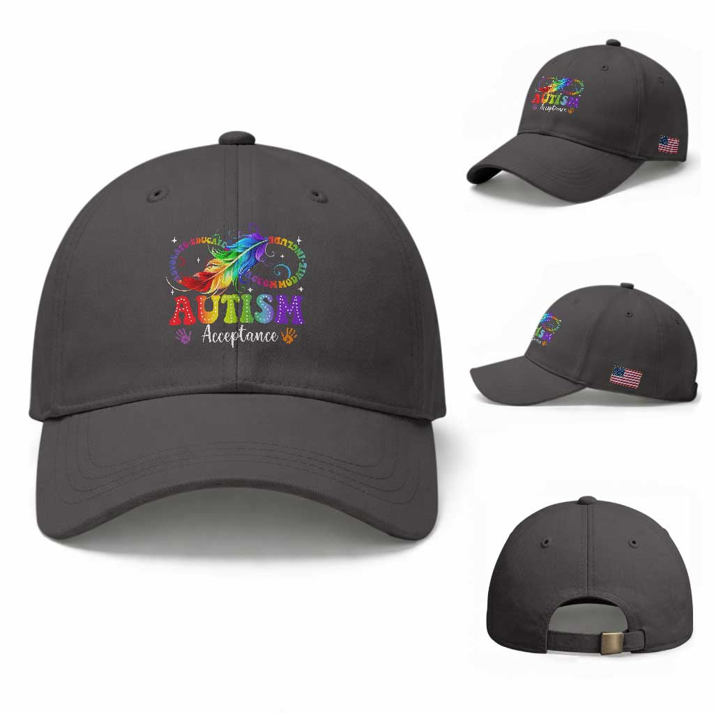 Autism Acceptance Baseball Cap Neurodivergent Support Rainbow Feather Infinity Symbol TS14 Baseball Cap Universal Fit Dark Gray Print Your Wear