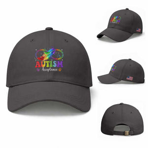 Autism Acceptance Baseball Cap Neurodivergent Support Rainbow Feather Infinity Symbol TS14 Baseball Cap Universal Fit Dark Gray Print Your Wear