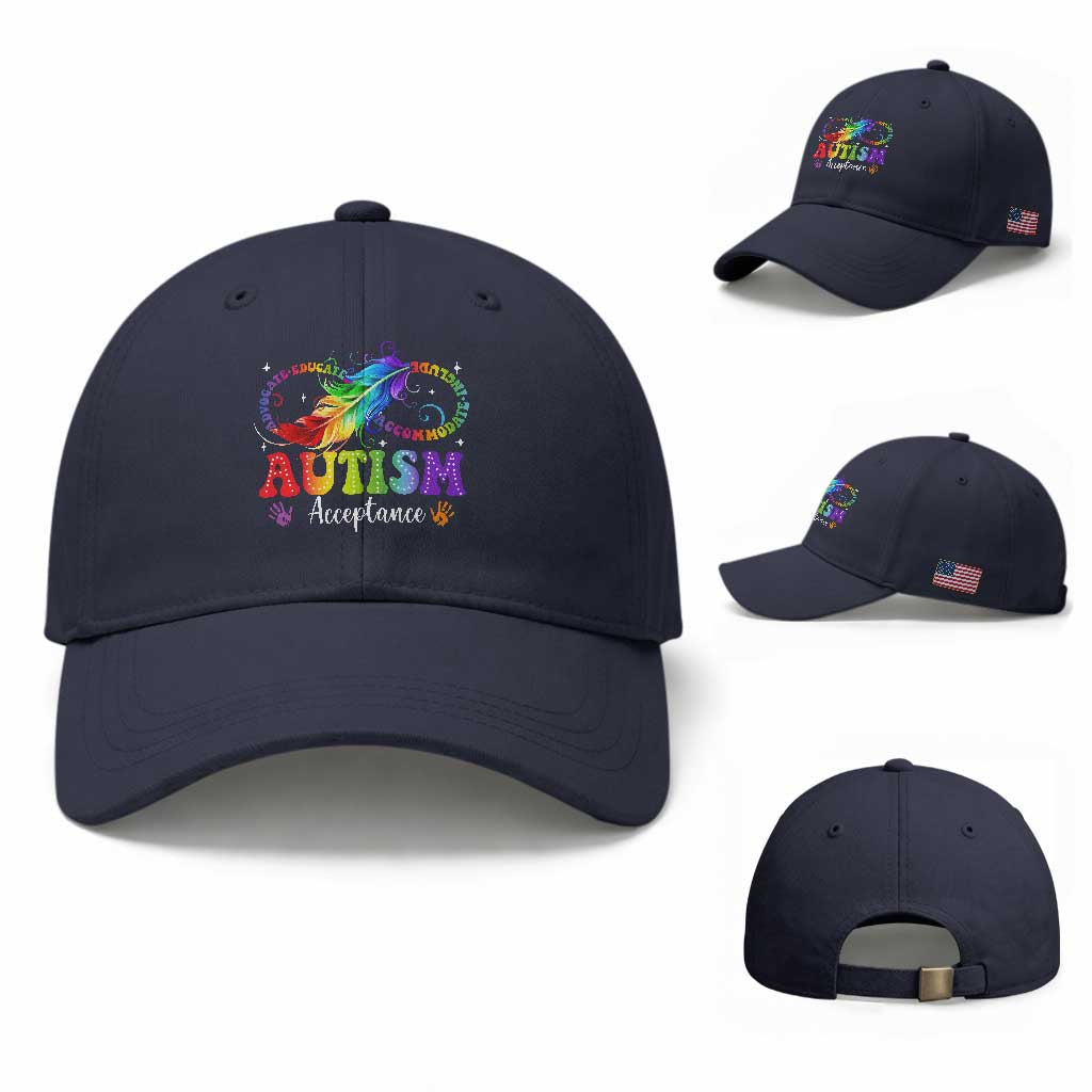 Autism Acceptance Baseball Cap Neurodivergent Support Rainbow Feather Infinity Symbol TS14 Baseball Cap Universal Fit Navy Print Your Wear