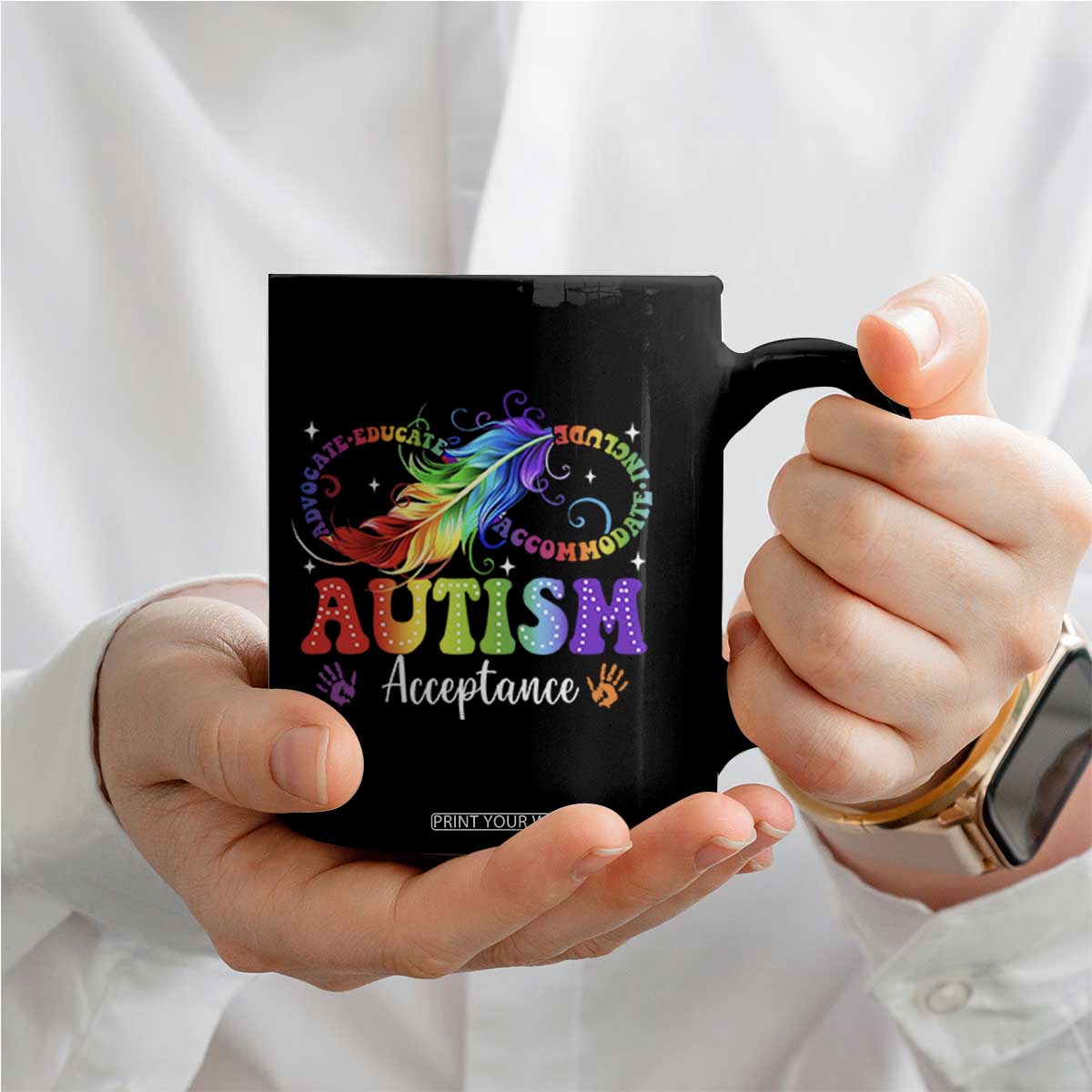 Autism Acceptance Coffee Mug Neurodivergent Support Rainbow Feather Infinity Symbol TS14 Print Your Wear