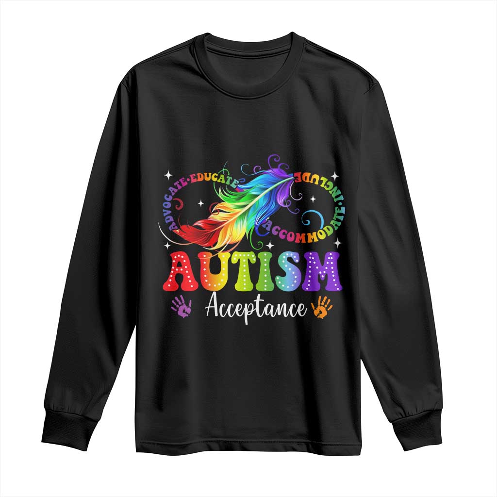 Autism Acceptance Long Sleeve Shirt - Neurodivergent Support Rainbow Feather Infinity Symbol TS14 Black Print Your Wear