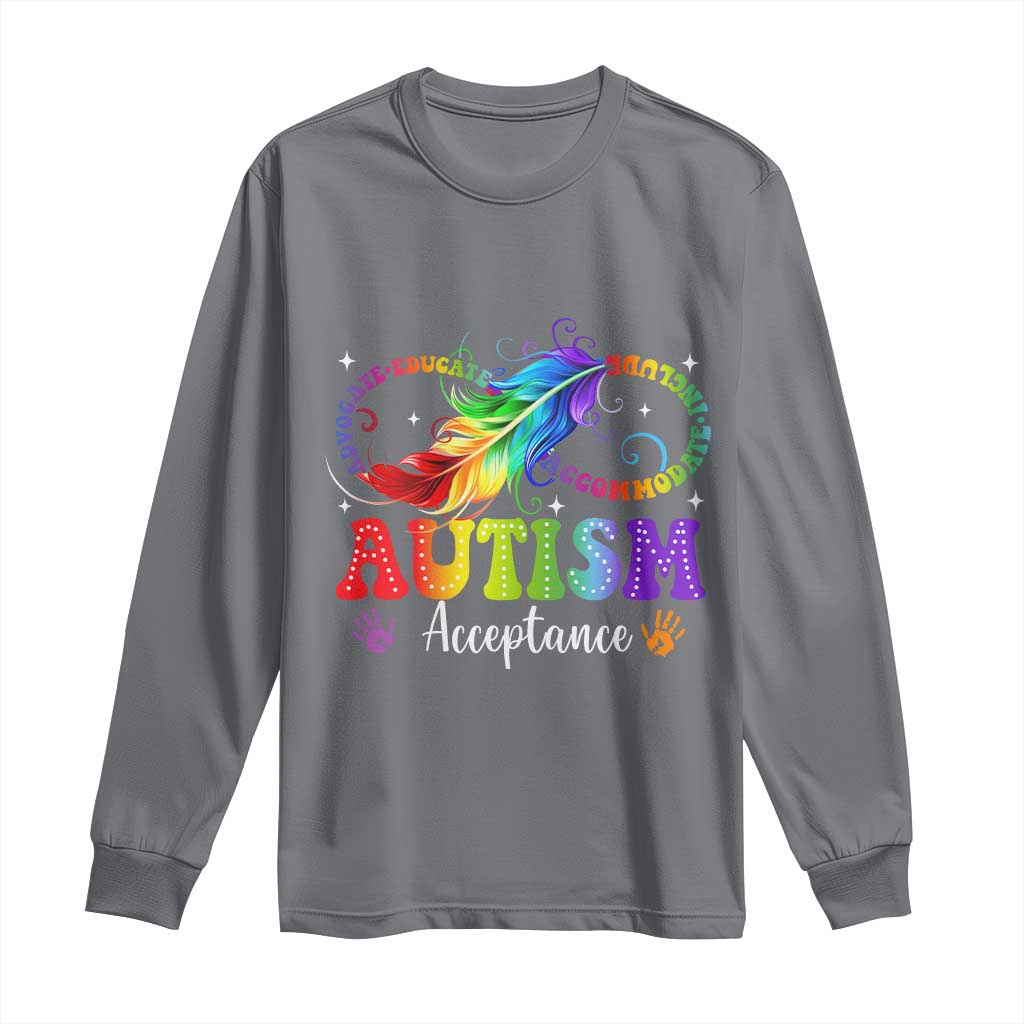 Autism Acceptance Long Sleeve Shirt - Neurodivergent Support Rainbow Feather Infinity Symbol TS14 Charcoal Print Your Wear