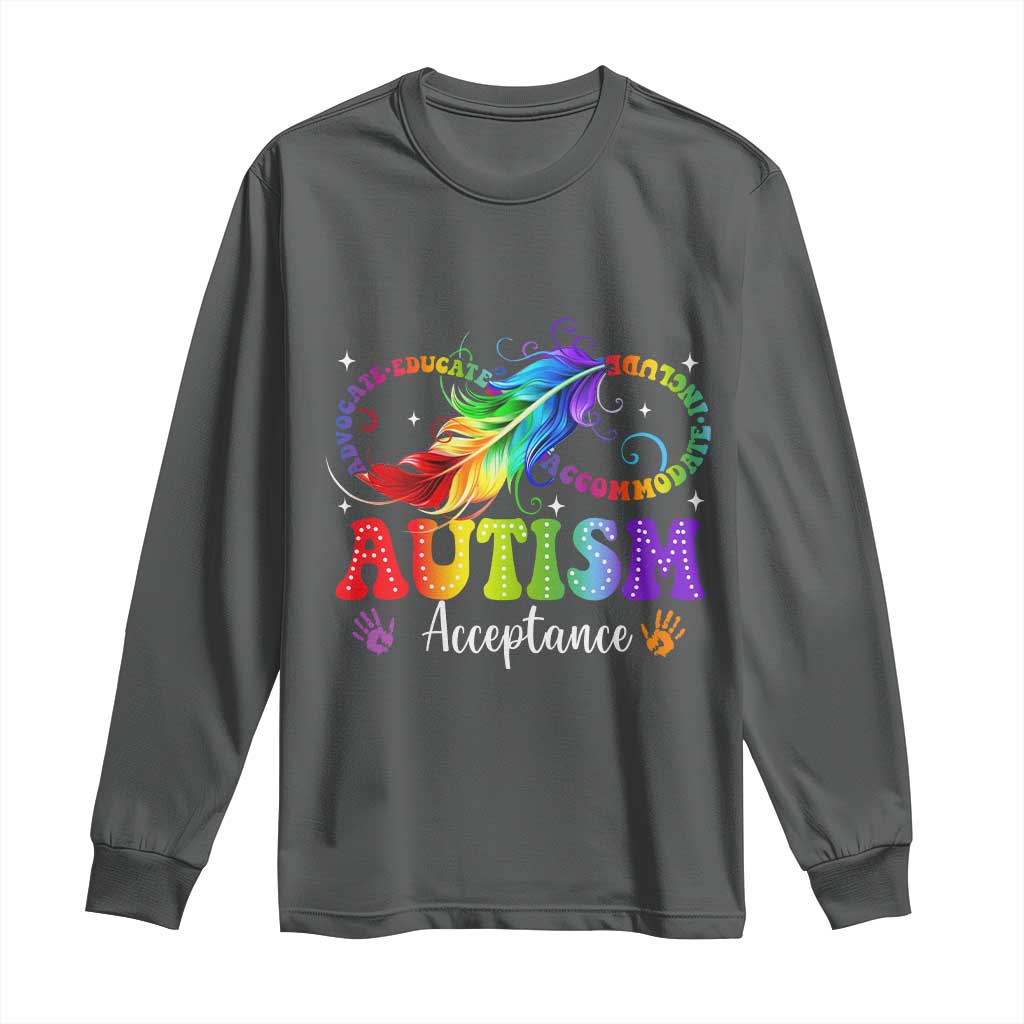 Autism Acceptance Long Sleeve Shirt - Neurodivergent Support Rainbow Feather Infinity Symbol TS14 Dark Heather Print Your Wear