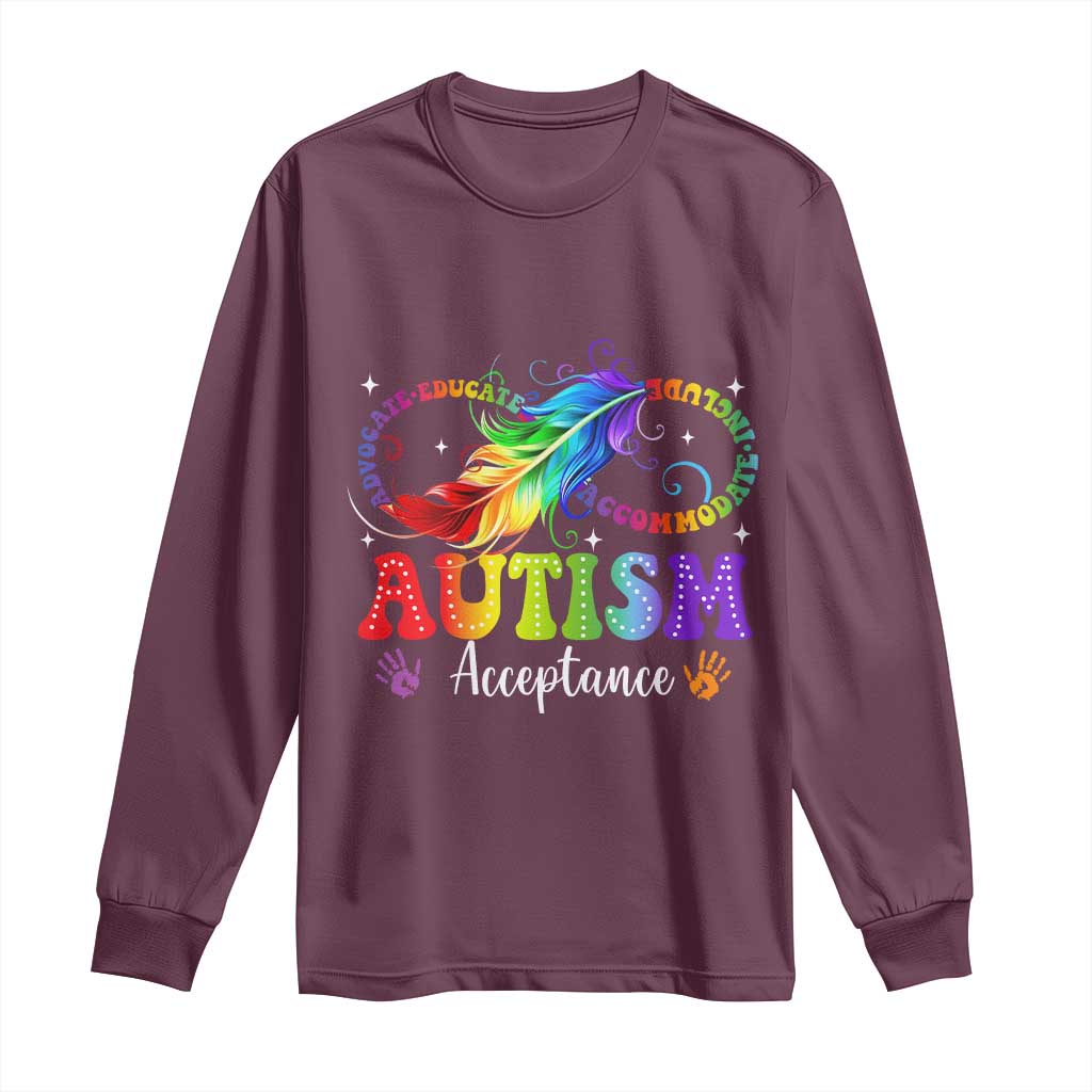 Autism Acceptance Long Sleeve Shirt - Neurodivergent Support Rainbow Feather Infinity Symbol TS14 Maroon Print Your Wear