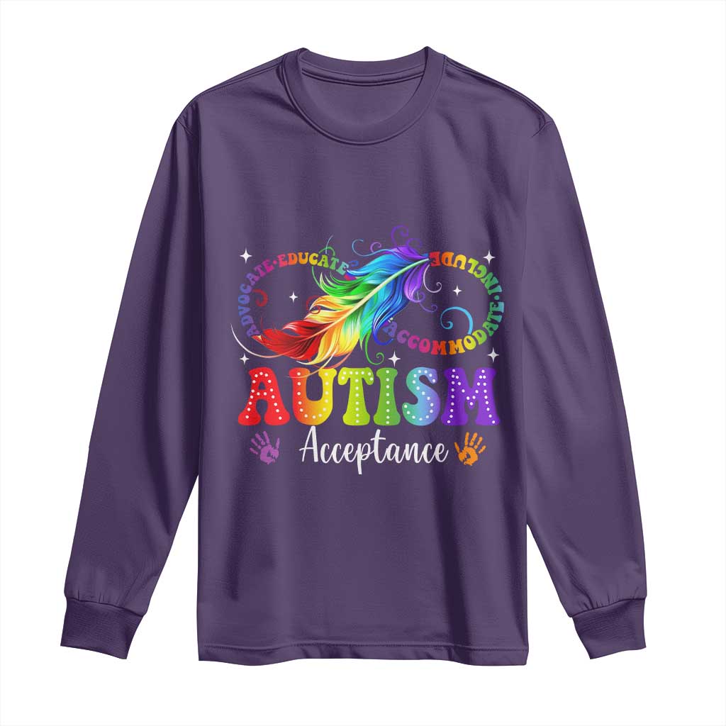 Autism Acceptance Long Sleeve Shirt - Neurodivergent Support Rainbow Feather Infinity Symbol TS14 Purple Print Your Wear
