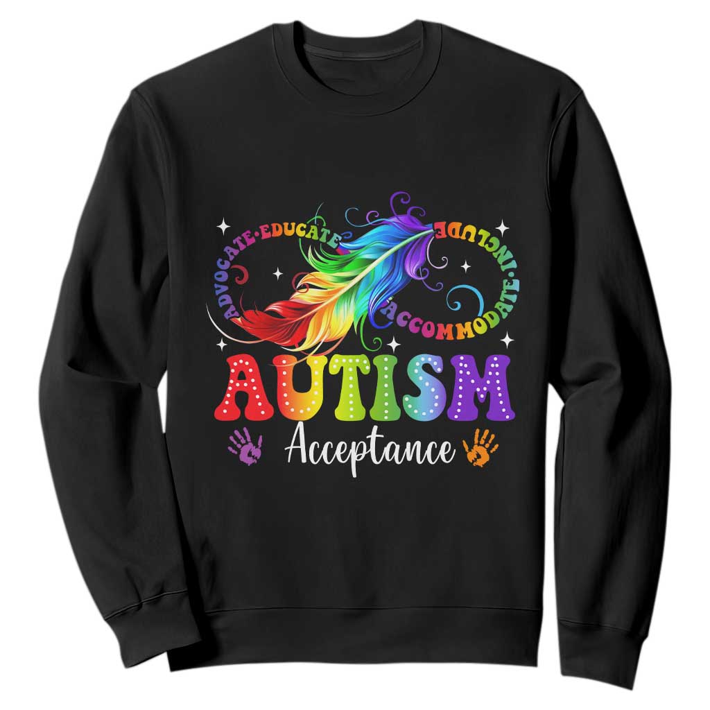 Autism Acceptance Sweatshirt Neurodivergent Support Rainbow Feather Infinity Symbol TS14 Black Print Your Wear
