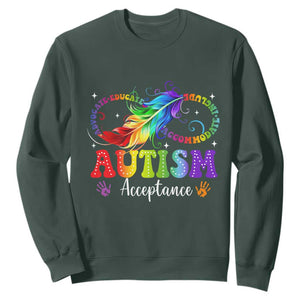Autism Acceptance Sweatshirt Neurodivergent Support Rainbow Feather Infinity Symbol TS14 Dark Forest Green Print Your Wear
