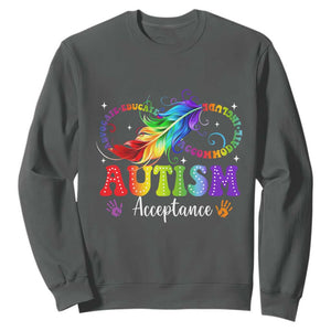 Autism Acceptance Sweatshirt Neurodivergent Support Rainbow Feather Infinity Symbol TS14 Dark Heather Print Your Wear