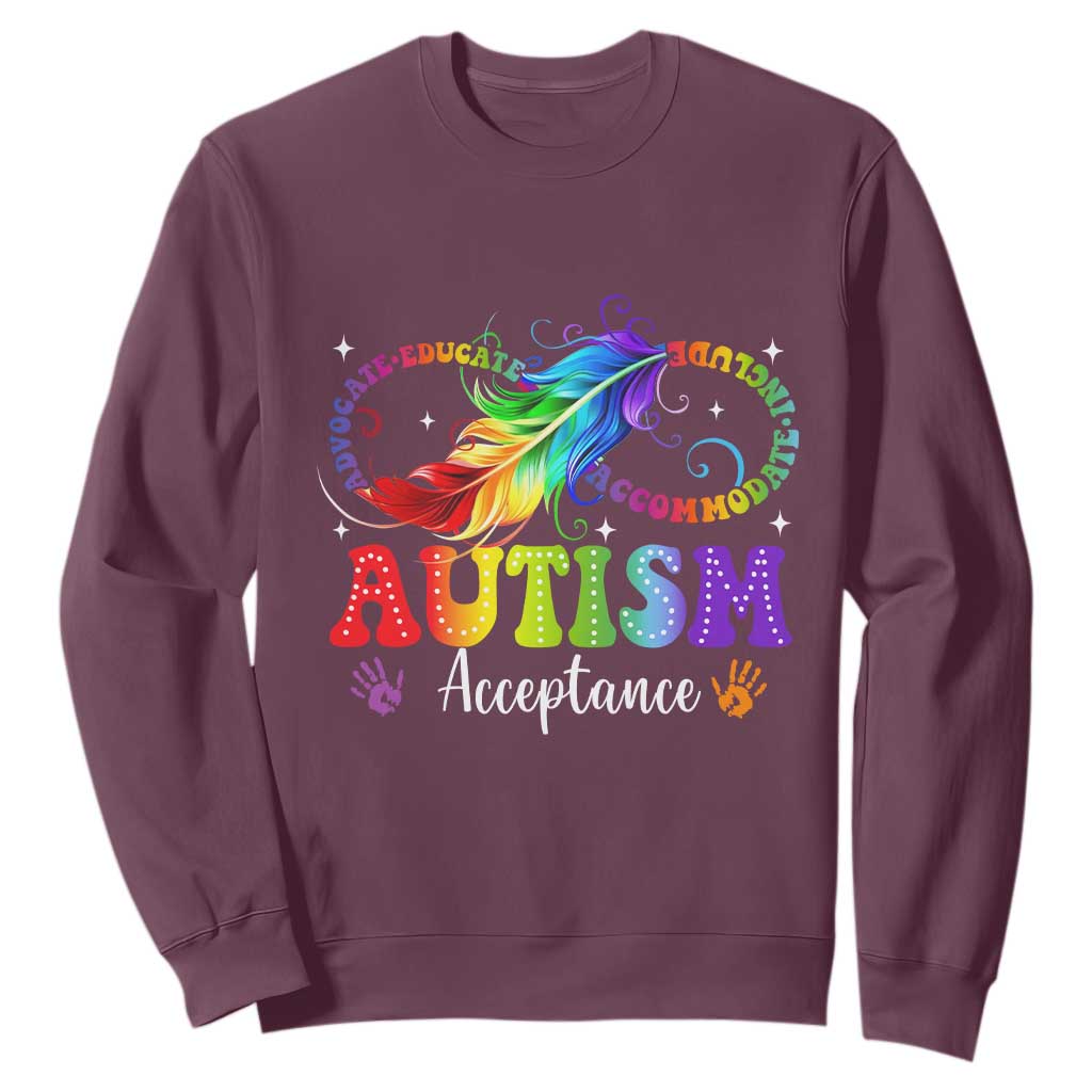 Autism Acceptance Sweatshirt Neurodivergent Support Rainbow Feather Infinity Symbol TS14 Maroon Print Your Wear