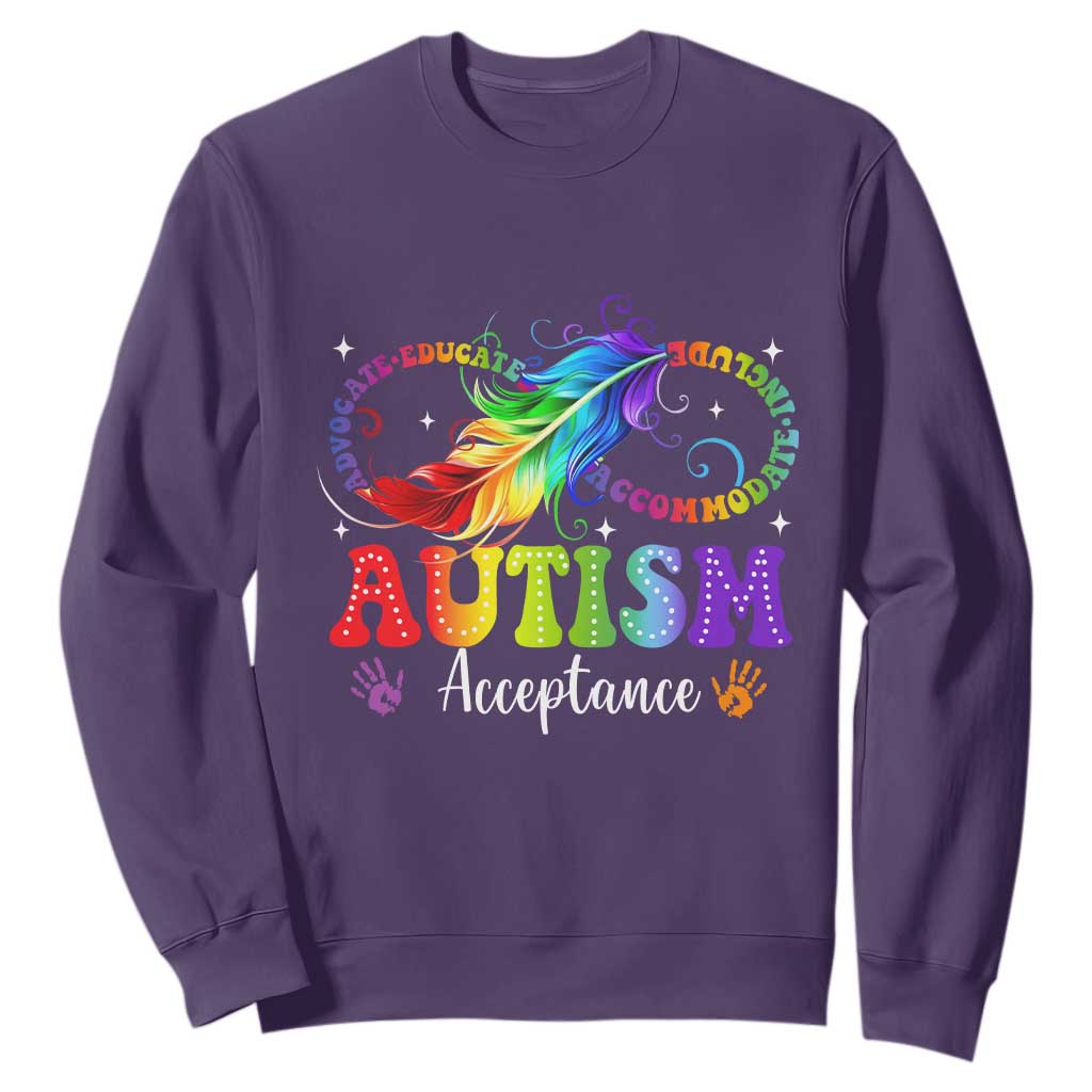 Autism Acceptance Sweatshirt Neurodivergent Support Rainbow Feather Infinity Symbol TS14 Purple Print Your Wear