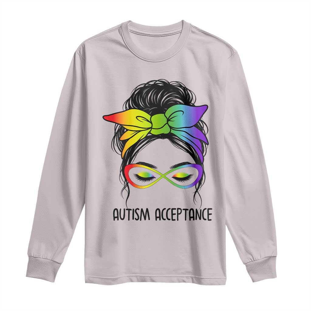 Autism Acceptance Long Sleeve Shirt - Neurodiversity Awareness Messy Bun Women TS14 Ice Gray Print Your Wear