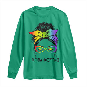 Autism Acceptance Long Sleeve Shirt - Neurodiversity Awareness Messy Bun Women TS14 Irish Green Print Your Wear