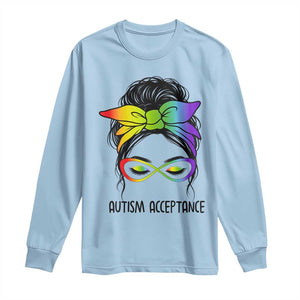 Autism Acceptance Long Sleeve Shirt - Neurodiversity Awareness Messy Bun Women TS14 Light Blue Print Your Wear