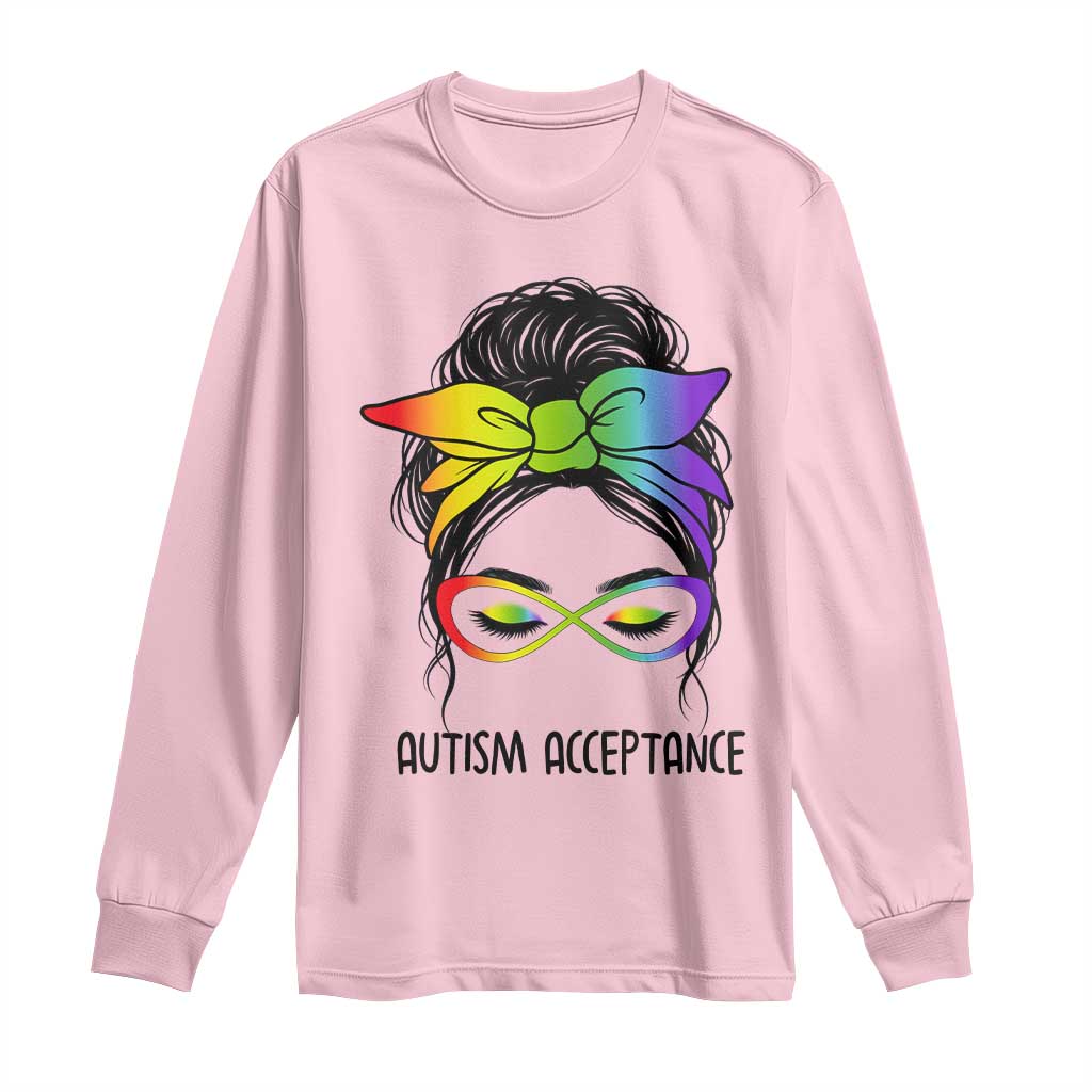 Autism Acceptance Long Sleeve Shirt - Neurodiversity Awareness Messy Bun Women TS14 Light Pink Print Your Wear