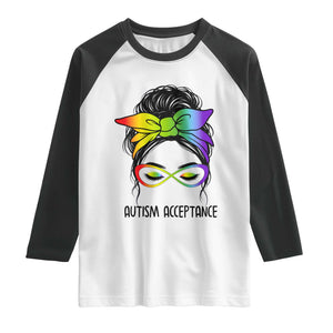 Autism Acceptance Raglan Shirt Neurodiversity Awareness Messy Bun Women TS14 White Black Print Your Wear