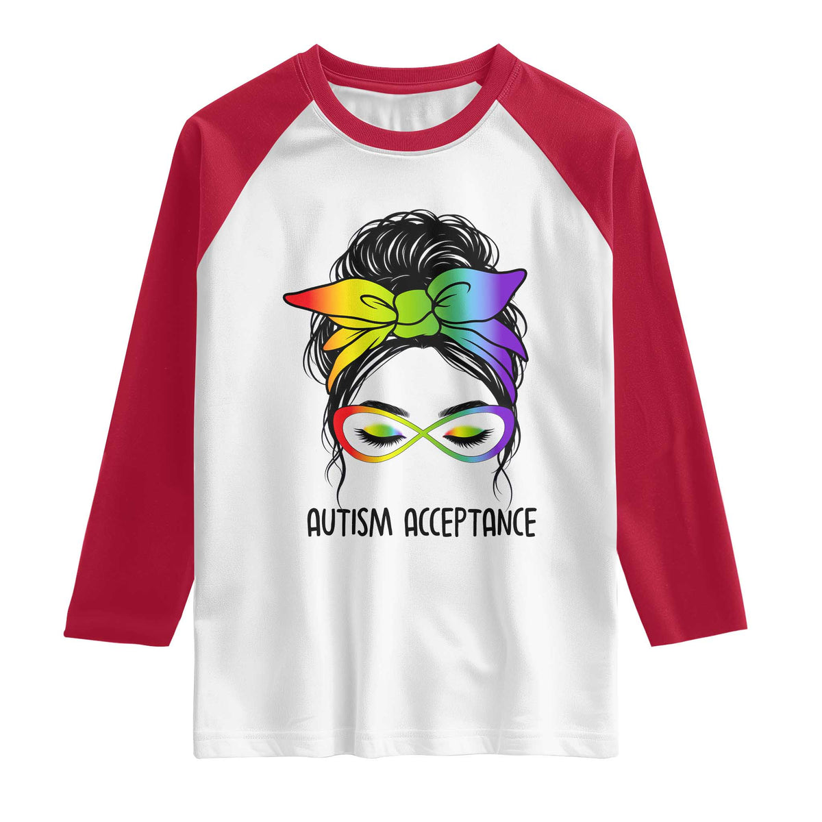 Autism Acceptance Raglan Shirt Neurodiversity Awareness Messy Bun Women TS14 White Red Print Your Wear