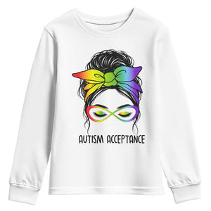 Autism Acceptance Youth Sweatshirt - Neurodiversity Awareness Messy Bun Women TS14 White Print Your Wear