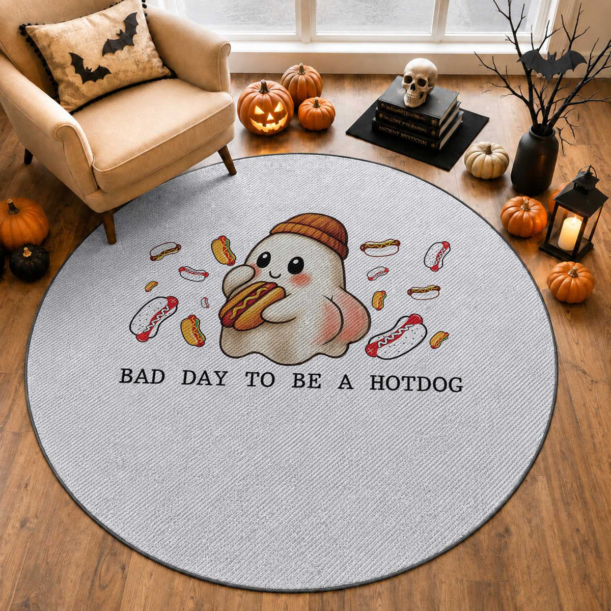 Funny Hot Dog Ghost Halloween Round Rug Bad Day To Be A Hotdog