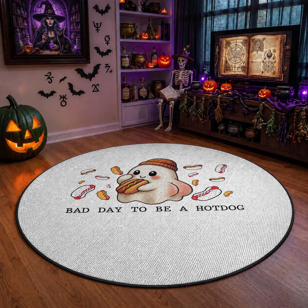 Funny Hot Dog Ghost Halloween Round Rug Bad Day To Be A Hotdog