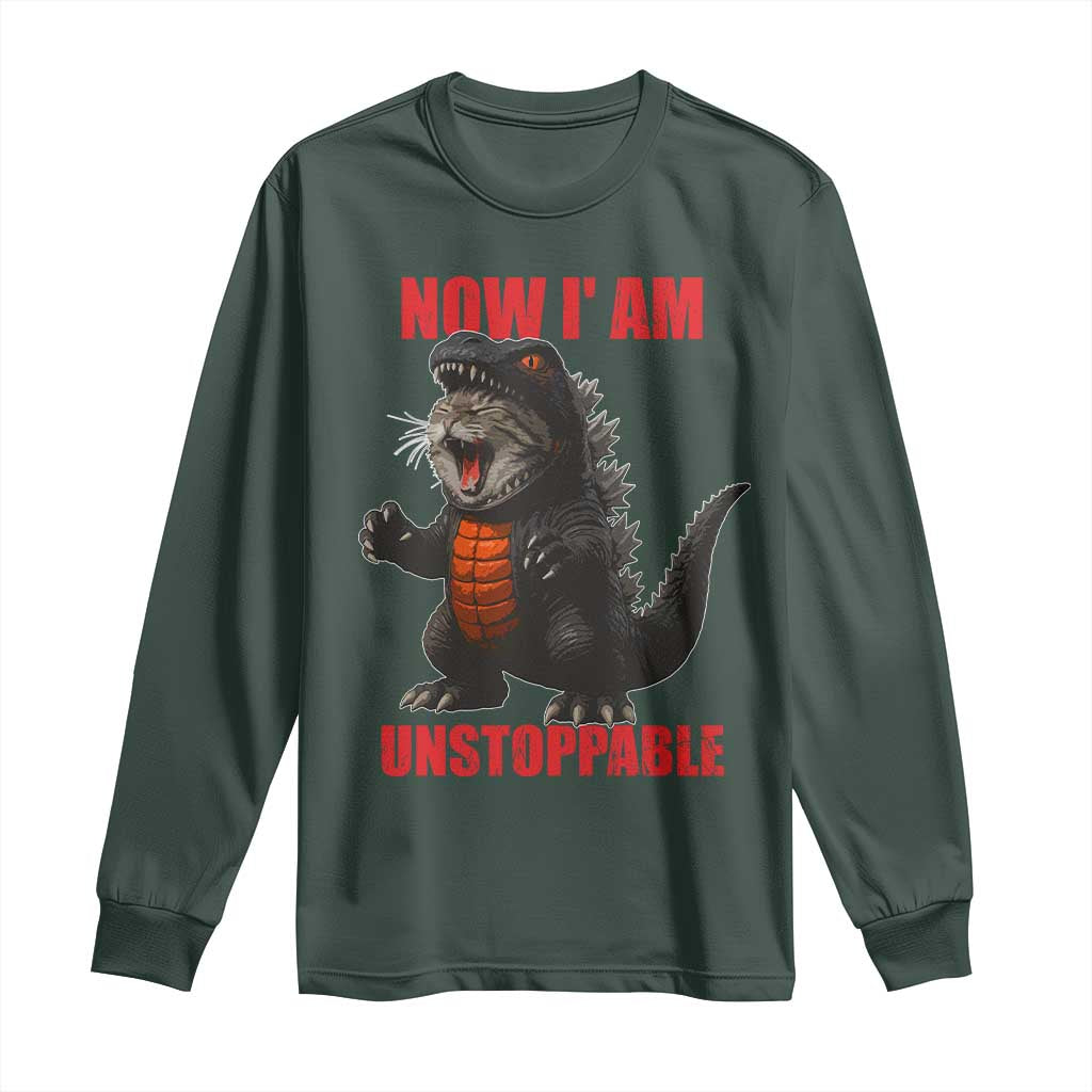 Now I Am Unstoppable Long Sleeve Shirt Funny Cat Japanese Anime Kawaii TS14 Dark Forest Green Print Your Wear