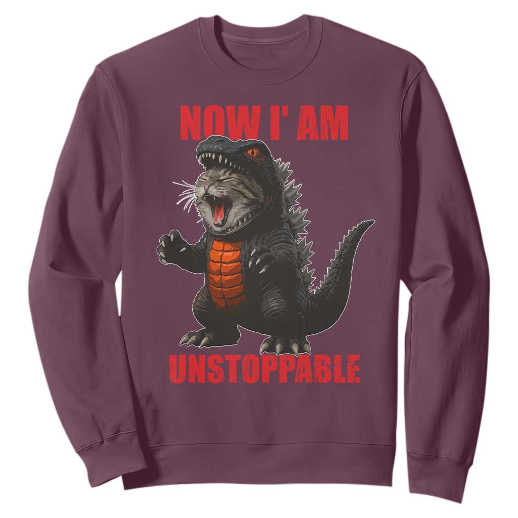 Now I Am Unstoppable Sweatshirt Funny Cat Japanese Anime Kawaii TS14 Maroon Print Your Wear