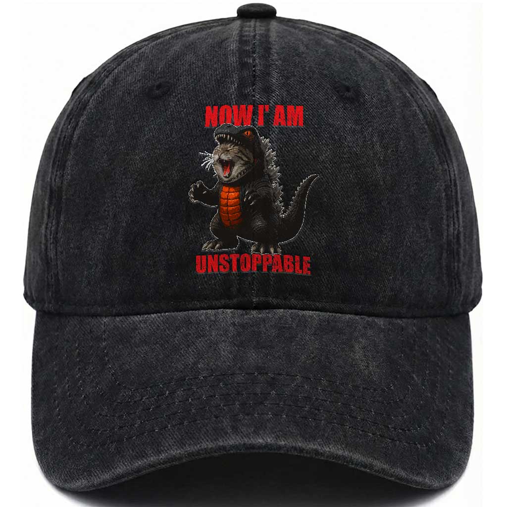 Now I Am Unstoppable Washed Cotton Baseball Cap Funny Cat Japanese Anime Kawaii TS14 Washed Cap Universal Fit Black Print Your Wear
