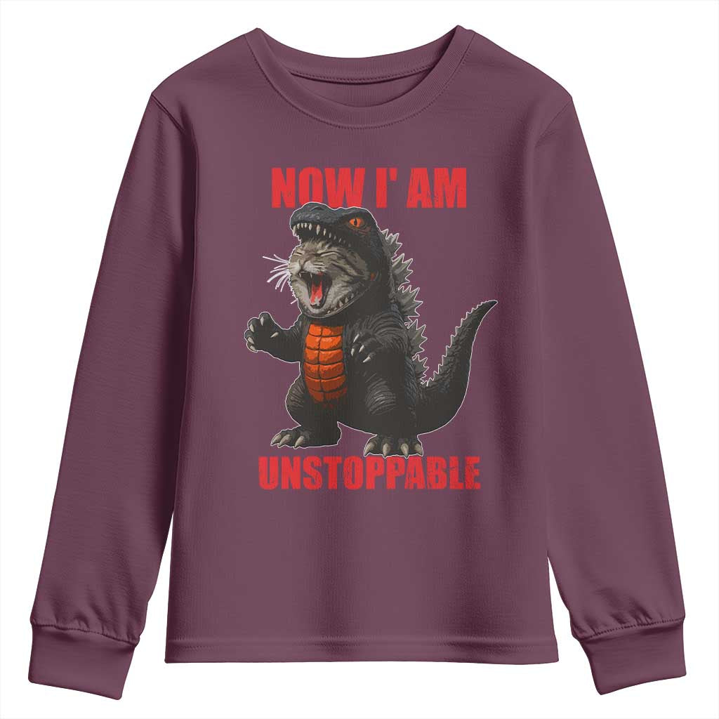 Now I Am Unstoppable Youth Sweatshirt Funny Cat Japanese Anime Kawaii TS14 Maroon Print Your Wear