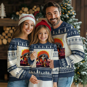 Japanese Kaiju Cat Cityscape Meme Ugly Christmas Sweater TS14 Beige Navy Print Your Wear