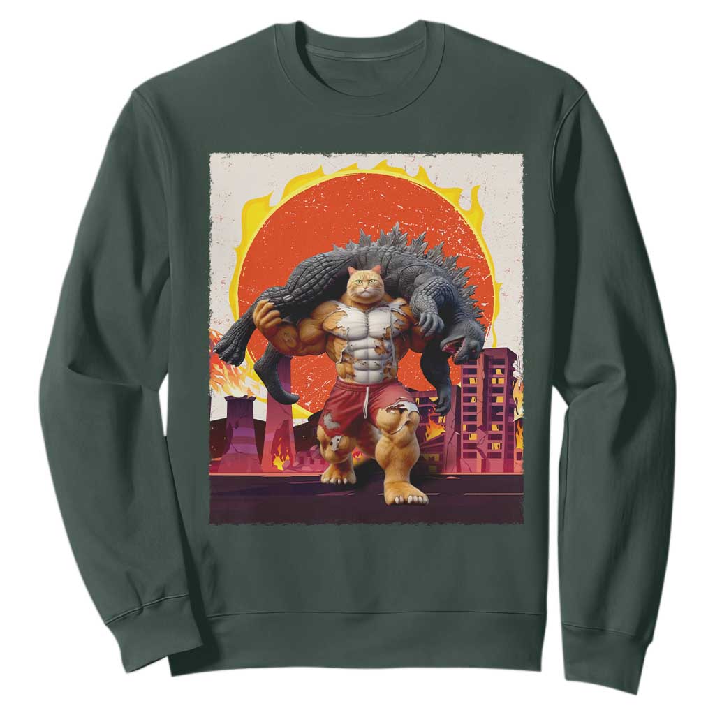 Japanese Kaiju Cat Cityscape Meme Sweatshirt TS14 Dark Forest Green Print Your Wear