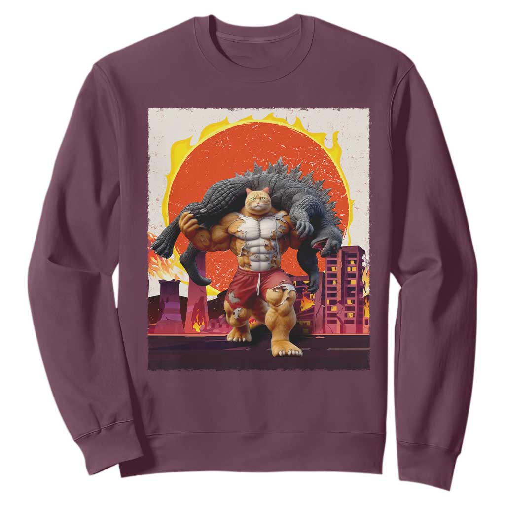 Japanese Kaiju Cat Cityscape Meme Sweatshirt TS14 Maroon Print Your Wear