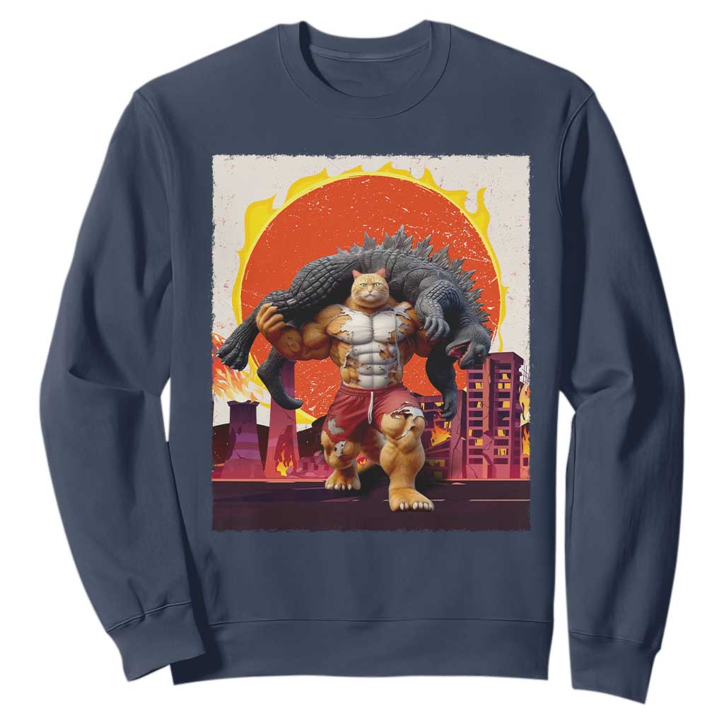Japanese Kaiju Cat Cityscape Meme Sweatshirt TS14 Navy Print Your Wear