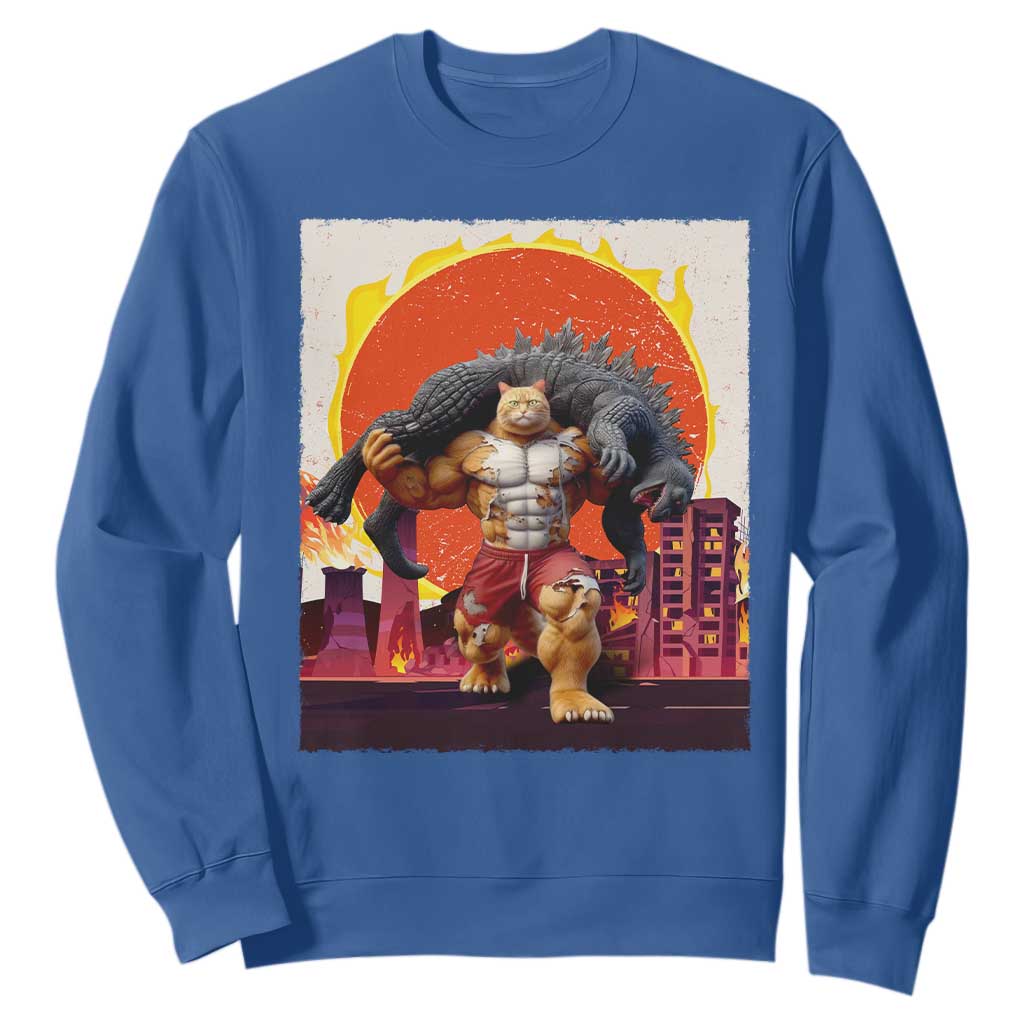 Japanese Kaiju Cat Cityscape Meme Sweatshirt TS14 Royal Blue Print Your Wear